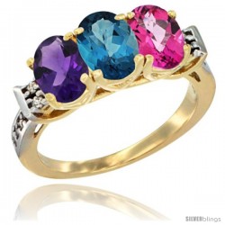 10K Yellow Gold Natural Amethyst, London Blue Topaz & Pink Topaz Ring 3-Stone Oval 7x5 mm Diamond Accent