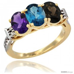 10K Yellow Gold Natural Amethyst, London Blue Topaz & Smoky Topaz Ring 3-Stone Oval 7x5 mm Diamond Accent