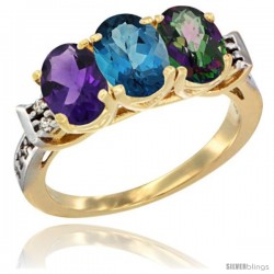 10K Yellow Gold Natural Amethyst, London Blue Topaz & Mystic Topaz Ring 3-Stone Oval 7x5 mm Diamond Accent