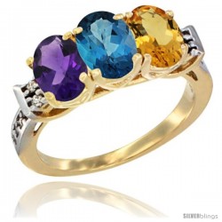 10K Yellow Gold Natural Amethyst, London Blue Topaz & Citrine Ring 3-Stone Oval 7x5 mm Diamond Accent