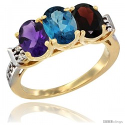 10K Yellow Gold Natural Amethyst, London Blue Topaz & Garnet Ring 3-Stone Oval 7x5 mm Diamond Accent