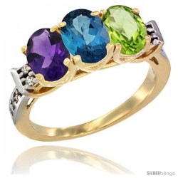 10K Yellow Gold Natural Amethyst, London Blue Topaz & Peridot Ring 3-Stone Oval 7x5 mm Diamond Accent