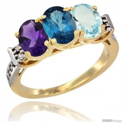 10K Yellow Gold Natural Amethyst, London Blue Topaz & Aquamarine Ring 3-Stone Oval 7x5 mm Diamond Accent