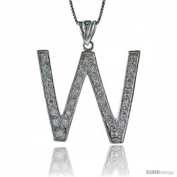 Sterling Silver Cubic Zirconia Block Initial Letter W Alphabet Pendant, 1 5/8 in