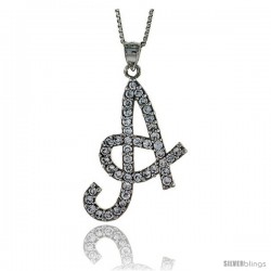 Sterling Silver Script Initial Letter A Alphabet Pendant with Cubic Zirconia Stones, 1 3/8 long
