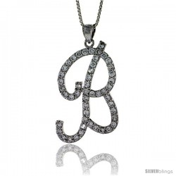 Sterling Silver Script Initial Letter B Alphabet Pendant with Cubic Zirconia Stones, 1 3/8 long