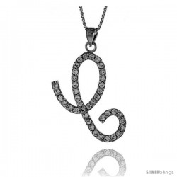 Sterling Silver Script Initial Letter C Alphabet Pendant with Cubic Zirconia Stones, 1 3/8 long