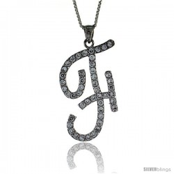 Sterling Silver Script Initial Letter F Alphabet Pendant with Cubic Zirconia Stones, 1 3/8 long