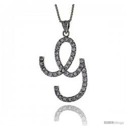 Sterling Silver Script Initial Letter G Alphabet Pendant with Cubic Zirconia Stones, 1 3/8 long