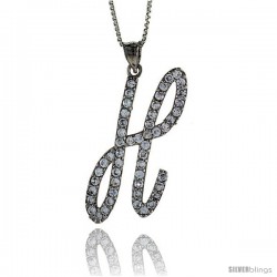 Sterling Silver Script Initial Letter H Alphabet Pendant with Cubic Zirconia Stones, 1 3/8 long