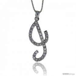 Sterling Silver Script Initial Letter J Alphabet Pendant with Cubic Zirconia Stones, 1 3/8 long