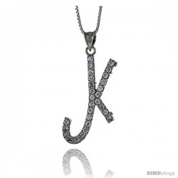 Sterling Silver Script Initial Letter K Alphabet Pendant with Cubic Zirconia Stones, 1 3/8 long