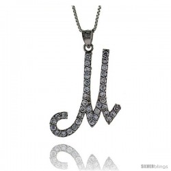 Sterling Silver Script Initial Letter M Alphabet Pendant with Cubic Zirconia Stones, 1 3/8 long