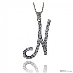 Sterling Silver Script Initial Letter N Alphabet Pendant with Cubic Zirconia Stones, 1 3/8 long