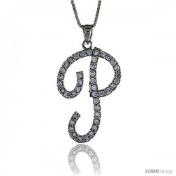 Sterling Silver Script Initial Letter P Alphabet Pendant with Cubic Zirconia Stones, 1 3/8 long