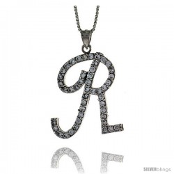 Sterling Silver Script Initial Letter R Alphabet Pendant with Cubic Zirconia Stones, 1 3/8 long