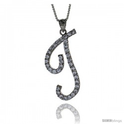 Sterling Silver Script Initial Letter T Alphabet Pendant with Cubic Zirconia Stones, 1 3/8 long