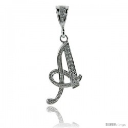 Sterling Silver Large Script Initial Letter A Pendant w/ Cubic Zirconia Stones, 1 1/2 in tall