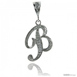 Sterling Silver Large Script Initial Letter B Pendant w/ Cubic Zirconia Stones, 1 1/2 in tall