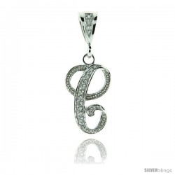 Sterling Silver Large Script Initial Letter C Pendant w/ Cubic Zirconia Stones, 1 1/2 in tall