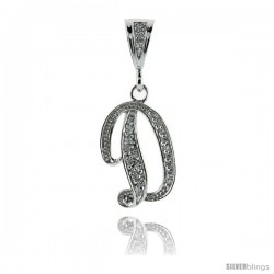 Sterling Silver Large Script Initial Letter D Pendant w/ Cubic Zirconia Stones, 1 1/2 in tall