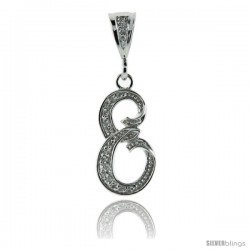 Sterling Silver Large Script Initial Letter E Pendant w/ Cubic Zirconia Stones, 1 1/2 in tall