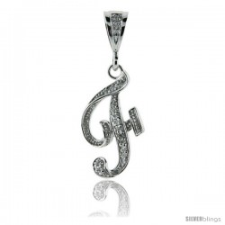 Sterling Silver Large Script Initial Letter F Pendant w/ Cubic Zirconia Stones, 1 1/2 in tall