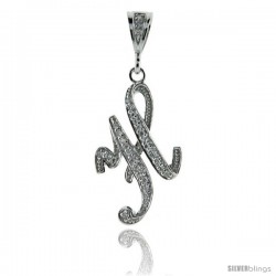 Sterling Silver Large Script Initial Letter H Pendant w/ Cubic Zirconia Stones, 1 1/2 in tall