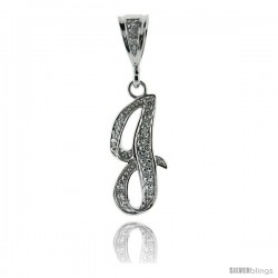 Sterling Silver Large Script Initial Letter J Pendant w/ Cubic Zirconia Stones, 1 1/2 in tall