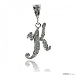 Sterling Silver Large Script Initial Letter K Pendant w/ Cubic Zirconia Stones, 1 1/2 in tall