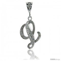 Sterling Silver Large Script Initial Letter L Pendant w/ Cubic Zirconia Stones, 1 1/2 in tall