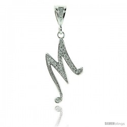 Sterling Silver Large Script Initial Letter M Pendant w/ Cubic Zirconia Stones, 1 1/2 in tall