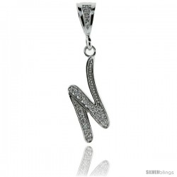 Sterling Silver Large Script Initial Letter N Pendant w/ Cubic Zirconia Stones, 1 1/2 in tall