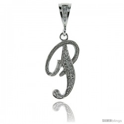 Sterling Silver Large Script Initial Letter P Pendant w/ Cubic Zirconia Stones, 1 1/2 in tall