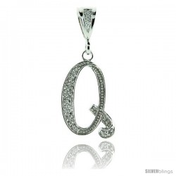 Sterling Silver Large Script Initial Letter Q Pendant w/ Cubic Zirconia Stones, 1 1/2 in tall