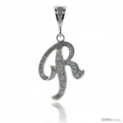 Sterling Silver Large Script Initial Letter R Pendant w/ Cubic Zirconia Stones, 1 1/2 in tall