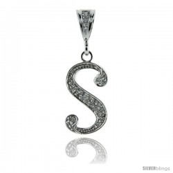Sterling Silver Large Script Initial Letter S Pendant w/ Cubic Zirconia Stones, 1 1/2 in tall