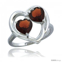 14k White Gold 2-Stone Heart Ring 6mm Natural Garnet Stones Diamond Accent