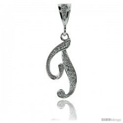 Sterling Silver Large Script Initial Letter T Pendant w/ Cubic Zirconia Stones, 1 1/2 in tall