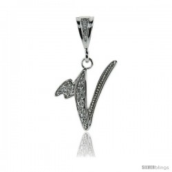 Sterling Silver Large Script Initial Letter V Pendant w/ Cubic Zirconia Stones, 1 1/2 in tall