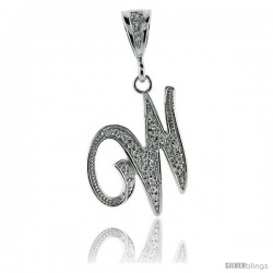 Sterling Silver Large Script Initial Letter W Pendant w/ Cubic Zirconia Stones, 1 1/2 in tall