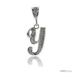 Sterling Silver Large Script Initial Letter Y Pendant w/ Cubic Zirconia Stones, 1 1/2 in tall