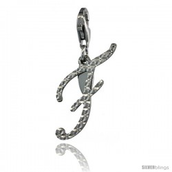 Sterling Silver Script Initial Letter F Alphabet Charm Diamond Cut Finish and Lobster Lock Clasp, 3/4 in