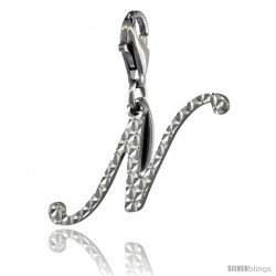 Sterling Silver Script Initial Letter N Alphabet Charm Diamond Cut Finish and Lobster Lock Clasp, 3/4 in