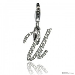 Sterling Silver Script Initial Letter U Alphabet Charm Diamond Cut Finish and Lobster Lock Clasp, 3/4 in