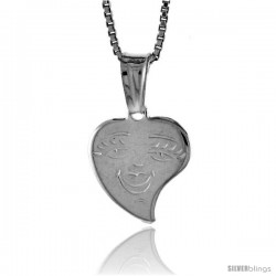 Sterling Silver Small Heart with Face Pendant, Made in Italy. 1/2 in. (13 mm) Tall