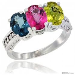 14K White Gold Natural London Blue Topaz, Pink Topaz & Lemon Quartz Ring 3-Stone 7x5 mm Oval Diamond Accent