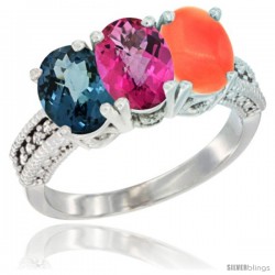 14K White Gold Natural London Blue Topaz, Pink Topaz & Coral Ring 3-Stone 7x5 mm Oval Diamond Accent