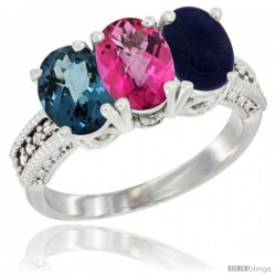 14K White Gold Natural London Blue Topaz, Pink Topaz & Lapis Ring 3-Stone 7x5 mm Oval Diamond Accent