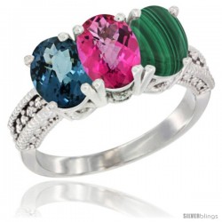 14K White Gold Natural London Blue Topaz, Pink Topaz & Malachite Ring 3-Stone 7x5 mm Oval Diamond Accent